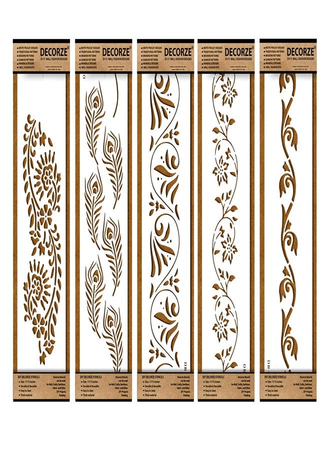 Decorze Plastic Stencils for Border Art, Stencils for Wall, Border Stencils for Wall Painting Suitable for Room Wall Decoration Purpose (Set of 5)(Color-White)|Design-12